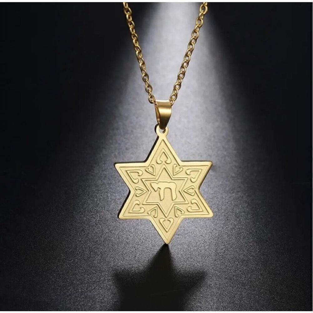 Star of David Chai Hai Pendant Necklace Stainless Steel Gold Color Israel Jewish